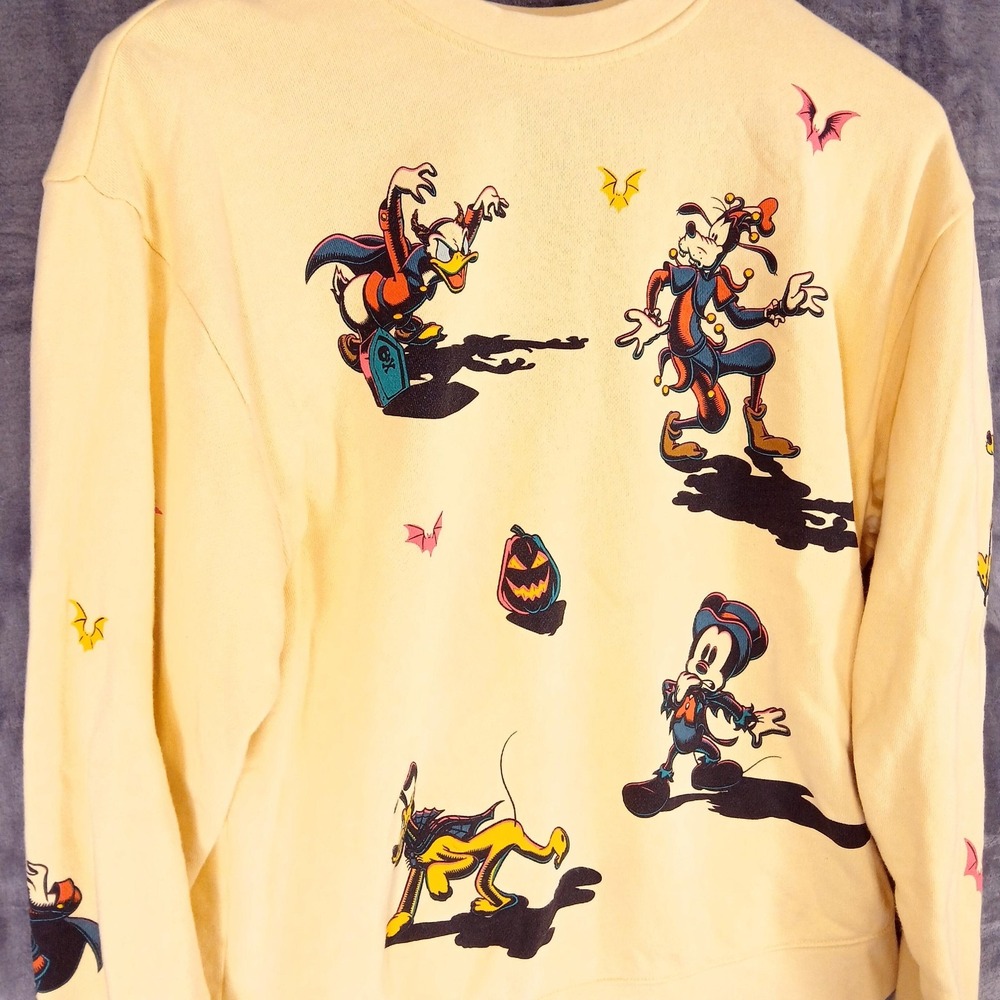 Disney Sweatshirt Mens Large Yellow Halloween Mickey Goofy Donald Pluto - Picture 2 of 10